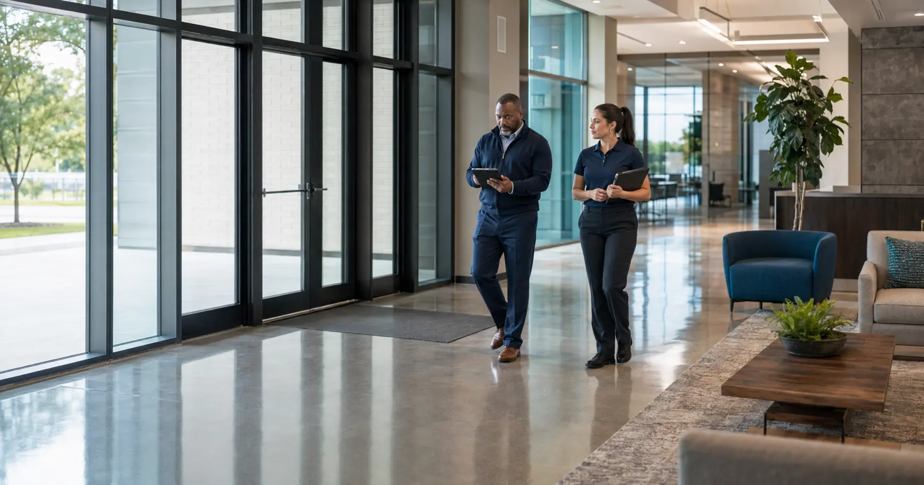 Facility manager and commercial cleaning supervisor reviewing a professional building